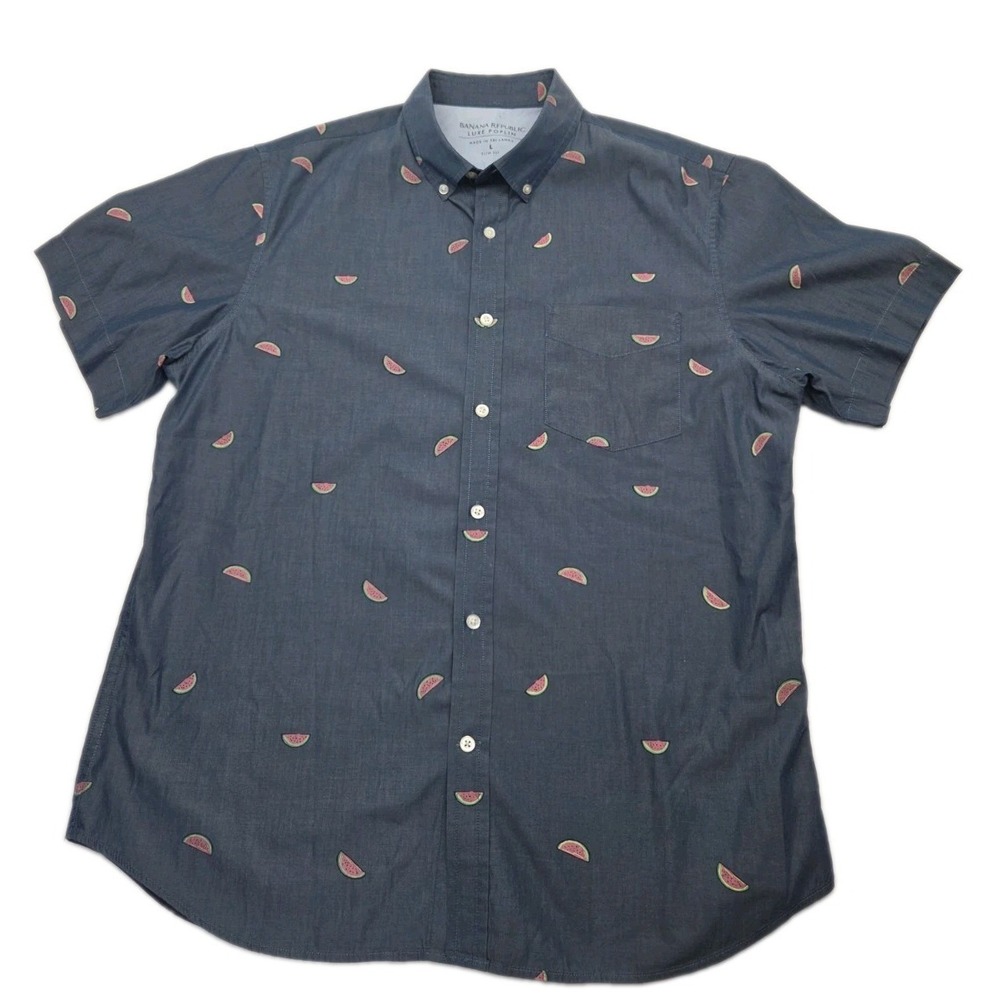 Banana Republic Luxe Poplin Shirt Men L Blue Watermelon Embroidered Slim Fit
